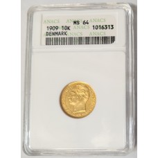 DENMARK 1909 . TEN 10 KRONER . GOLD COIN